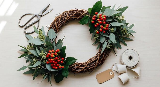 Christmas Wreath Making Supplies with Scissors and Ribbon craft