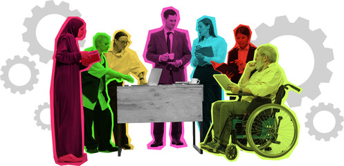 Creative collage of diverse business team working together near large gears on transparent background. Concept of teamwork, inclusivity, cooperation, and business process efficiency.