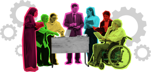 Creative collage of diverse business team working together near large gears on transparent background. Concept of teamwork, inclusivity, cooperation, and business process efficiency.