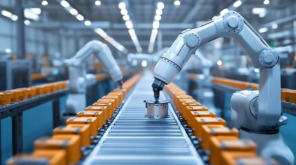 Robotic arms automating manufacturing process on a conveyor belt in smart factory, representing industry 4.0 and advanced technology