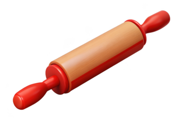 Red rolling pin for baking dough, pastry, and pizza, kitchen utensil, cooking tool, chef equipment, 3d render isolated on transparent background