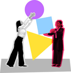 Trendy design with two business women building abstract geometric structure on transparent...