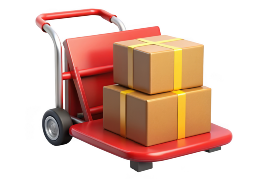 Red hand truck trolley with cardboard boxes delivery packaging, moving cart, shipping cart, 3d rendering isolated on transparent background