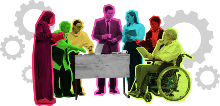 Creative collage of diverse business team working together near large gears on transparent background. Concept of teamwork, inclusivity, cooperation, and business process efficiency.