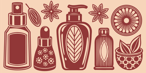 Collection of cosmetic and skincare product icons in simple vector illustration, showcasing beauty and wellness