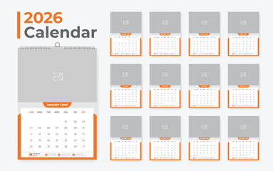 2026 wall calendar template. 12-page editable vector layout with minimal monthly planner. Perfect for corporate, office, or business use