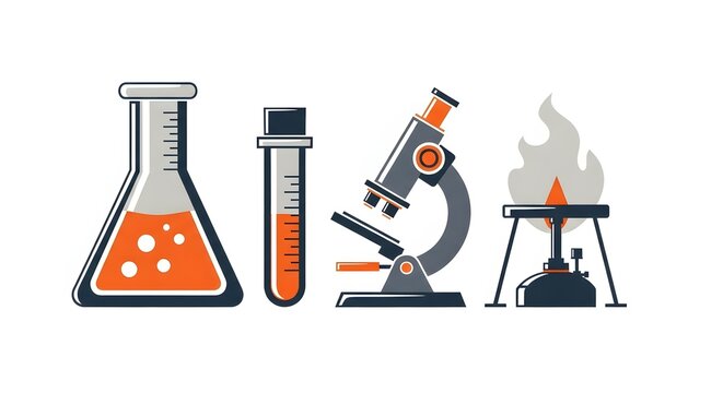 Chemistry laboratory glassware icon set featuring test tubes, beakers, and flasks with chemical formulas for science research and medicine experiments