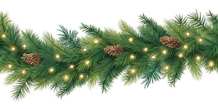 A beautiful green evergreen Christmas garland features lush pine branches, natural brown cones, and glowing warm golden lights arranged festively. - Powered by Adobe
