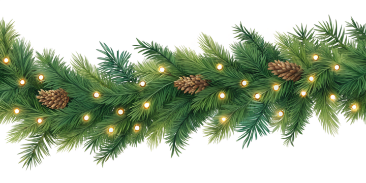 A beautiful green evergreen Christmas garland features lush pine branches, natural brown cones, and glowing warm golden lights arranged festively.