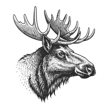 Detailed hand-drawn engraving of a moose head in classic black and white style. A strong wildlife symbol perfect for outdoor branding, masculine packaging, hunting themes.
