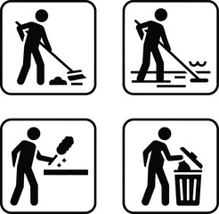 Four black and white icons illustrating different cleaning activities such as sweeping, mopping, wiping, and disposing of trash.
