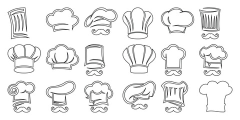 Collection of Chef Hats and Mustaches in Outline Style