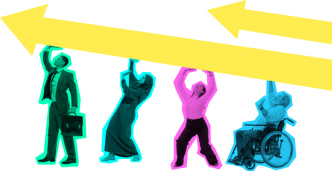 Colorful artwork of diverse business team lifting yellow arrows upward on transparent background. Concept of teamwork, unity, motivation, and business progress through collaboration.