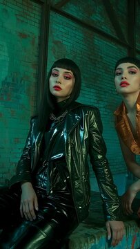 Vertical video: Camera panning to seated model in leather jacket adjusting posture on bench at loft