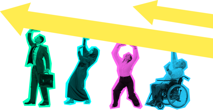 Colorful artwork of diverse business team lifting yellow arrows upward on transparent background. Concept of teamwork, unity, motivation, and business progress through collaboration.