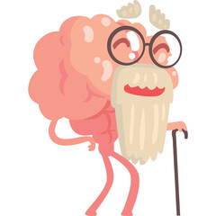 Whimsical Cartoon Brain Character Elderly Gentleman With Glasses Beard and Cane Smiling Happily On Transparent Background
