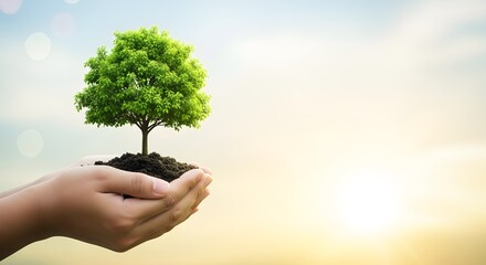 Hands holding a small green tree with soil against a bright, blurred sky background, symbolizing growth, nature, and environmental care