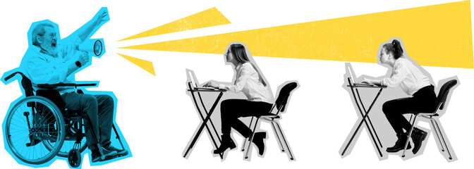 Modern collage of businessman in wheelchair giving speech through megaphone on transparent...