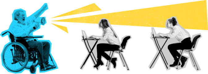 Modern collage of businessman in wheelchair giving speech through megaphone on transparent background. Concept of leadership, motivation, communication, and business vision.