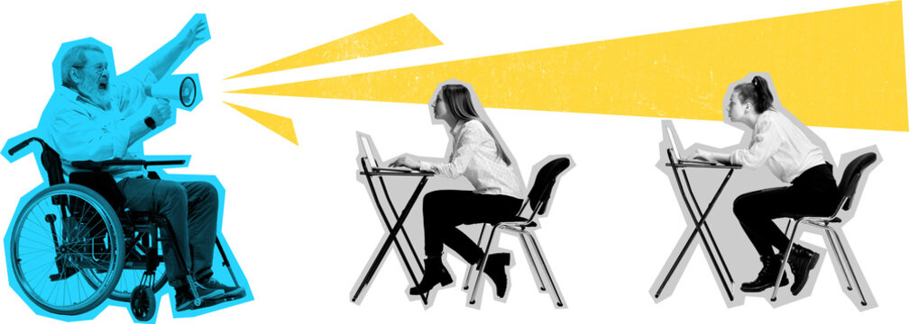 Modern collage of businessman in wheelchair giving speech through megaphone on transparent background. Concept of leadership, motivation, communication, and business vision.