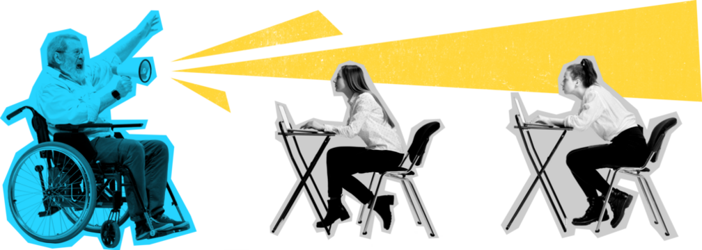 Modern collage of businessman in wheelchair giving speech through megaphone on transparent background. Concept of leadership, motivation, communication, and business vision. - Powered by Adobe