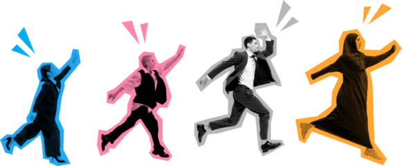 Pop art collage of diverse business people running forward with energy on transparent background. Concept of teamwork, progress, motion, and motivation toward shared goals.