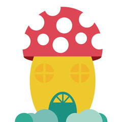 Whimsical Cartoon Mushroom House With Red Cap And White Spots Yellow Walls Teal Clouds Isolated On White Background