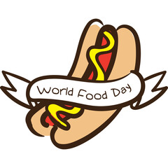 Whimsical Hot Dog Illustration Celebrating World Food Day with Mustard and Ketchup on a White Ribbon Banner Transparent Background