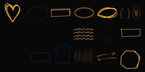 Collection of Hand-Drawn Yellow and Blue Shapes and Lines on Black Background