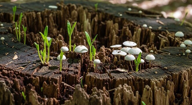 Sprouting Plants and Mushrooms on a Tree Stump nature forest