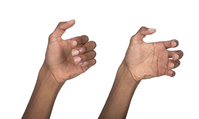 Hand holding invisible object. Male arm with open fingers in gripping position, symbol of giving,