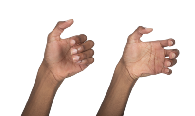 Hand holding invisible object. Male arm with open fingers in gripping position, symbol of giving,