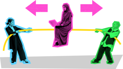 Digital collage of diverse business team holding yellow rope between arrows on transparent background. Concept of teamwork, competition, balance, and business cooperation.