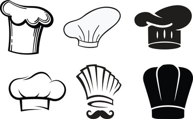 Collection of Six Chef Hats and a Moustache Icon, Various Styles