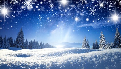 Fototapeta premium 雪が積もった銀世界とモミの木々、夜空に雪の結晶と光の星々。幻想的で美しいクリスマスの冬景色背景