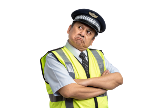 Frustrated male security guard in reflective vest with arms crossed, looking up with angry expression, isolated on white