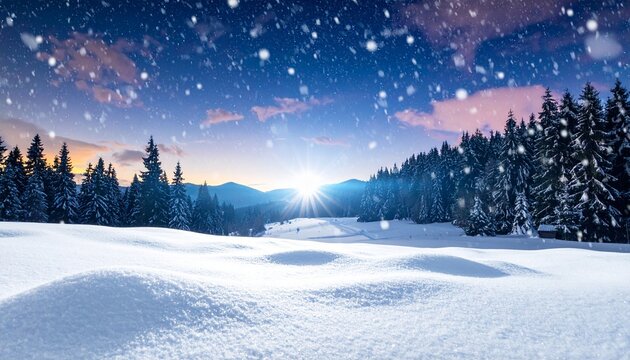 雪が積もった銀世界とモミの木々、夜空に雪の結晶と光の星々。幻想的で美しいクリスマスの冬景色背景