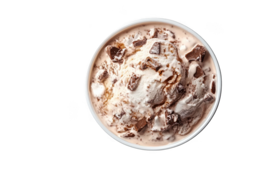 Delicious chocolate chunk ice cream bowl dessert food sweet frozen treat yummy scoop isolated on transparent background - Powered by Adobe