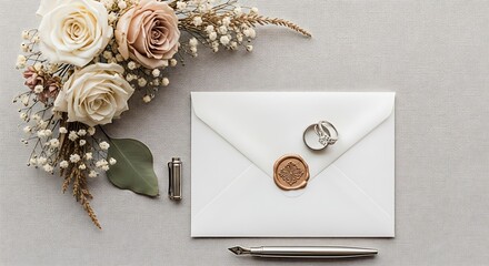 Wedding Invitation Flat Lay with Rings and Flowers