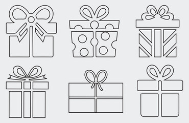 Collection of Six Stylized Outline Gift Boxes with Ribbons and Bows