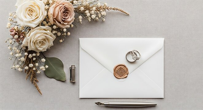 Wedding Invitation Flat Lay with Rings and Flowers
