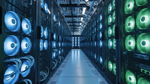 Datacenter alley gleaming servers and cooling fans