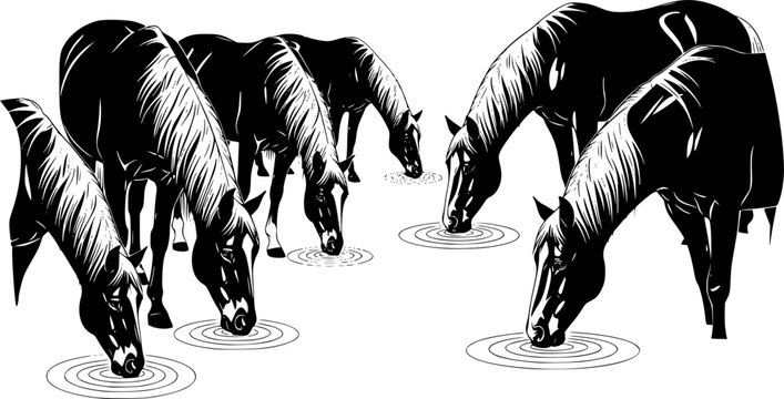 Horse silhouettes drinking water, minimal style, black vector animals, ripple effect, nature behavior, grazing pose, wildlife illustration, peaceful scene, stock content