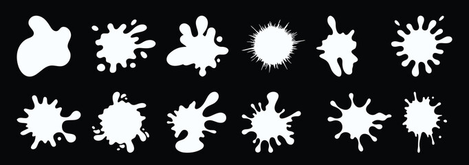Collection of White Splatter and Splash Shapes on Black Background