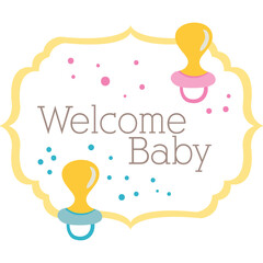 Welcome Baby Text Inside Ornate Frame With Pacifiers And Confetti Illustration