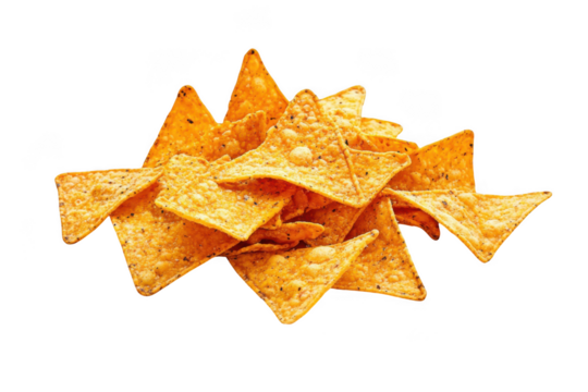 Pile of delicious nachos chips, crunchy tortilla snacks, golden yellow crisps, food photography, appetizer isolated on transparent background