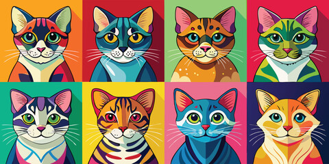 Colorful collection of various cat portraits in pop art style in different pattern