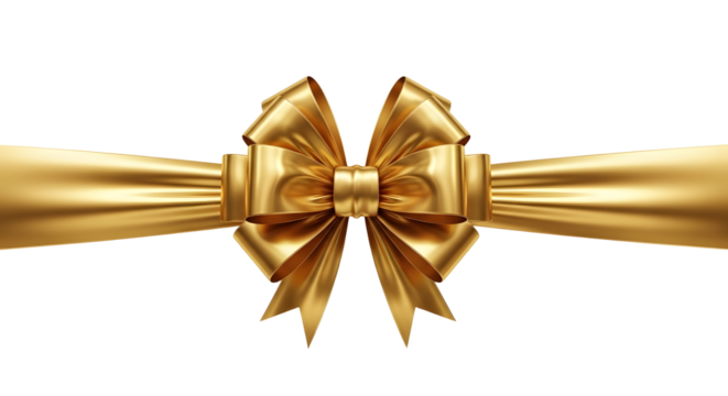 Elegant golden ribbon bow creating a luxurious and celebratory accent for special occasions, promotions, and premium branding, adding instant prestige and visual appeal., PNG