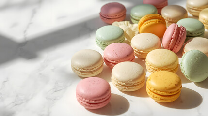 Obraz premium Colorful French macaroons, a sweet dessert pastry, are beautifully arranged on a wooden table