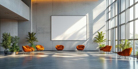 Hall interior with wide format mockup blank display.